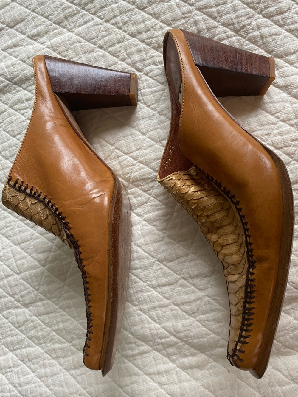Vintage Western Tan Leather Block Heel Mules Cowgirl Desert Rodeo Exotic Size 35 - Picture 6 of 15